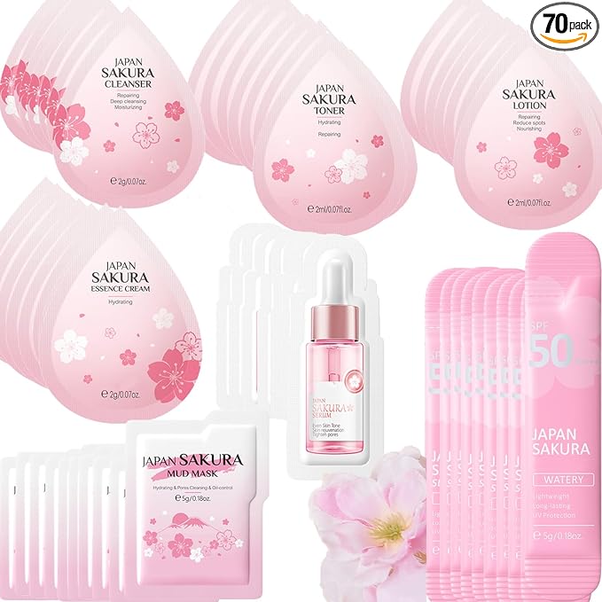 Mini Travel Skincare Products, Mini Travel Items Including Isolation Cream, Face Wash, Serum, Toner, Lotion, Cream, Sakura Mud Mask, Face Skin Care Routine Kit Organic Skin Care Set (70pieces)