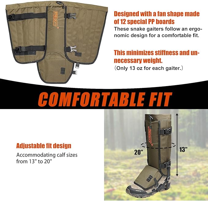Frelaxy Snake Gaiters, Waterproof Snake Guard Chaps, Snake Bite Protection for Lower Legs, Adjustable Snake Proof Gaiters for Hunting/Outdoor Working, Fit for Men & Women