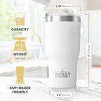 BEAST Insulated Coffee Mug – 900 ml I Arctic White I Stainless Steel I Reusable, Insulated Cups I 2 Straws and Cleaning Brush, Double Walled Travel Coffee Thermos I Hot or Iced Coffee