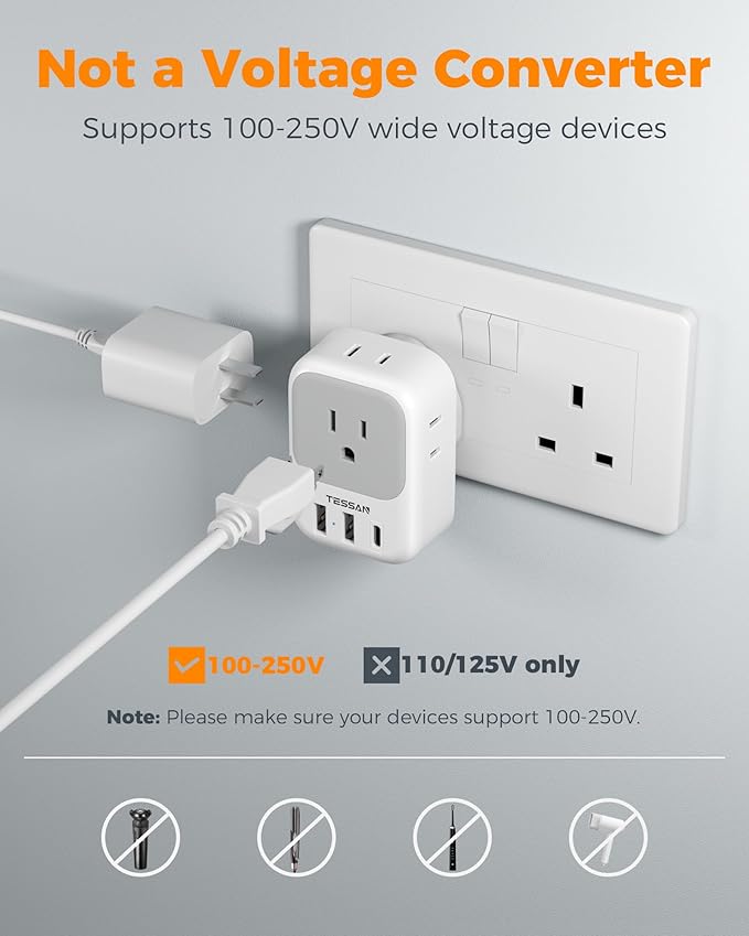 UK Adapters for Travel 2 Pack, TESSAN Type G US to UK Plug Adapter with 4 Outlets 3 USB Charger(1 USB C Port), Power Adaptor for USA to Ireland Scotland Dubai Hong Kong England British Kenya London