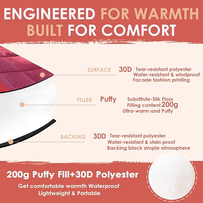 Lightweight Camping Blankets Outdoor Down Alternative Puffy Printed Camping Blanket Waterproof Large Silk Cotton Blanket Packable Warm for Trave Picnic Hiking Camping Cold Weather 78" x 55"