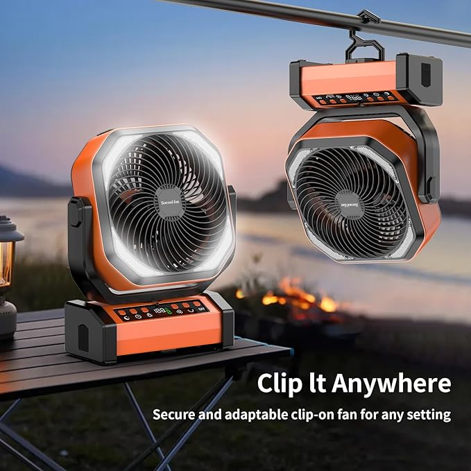 Socool Camping Fan with Light - 20000mAh Rechargeable Battery Fan, 112Hrs Max Run Time, 9 Speeds, Digital Display, Timer, Auto Oscillation, 270° Pivot & Hook for Camping, Power Outage, Hurricane