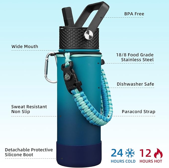 BJPKPK Insulated Water Bottle with Straw Lid, 22oz Thermo Water Bottles with 3 Lids, Paracord Handle & Non-slip Boot, BPA Free Leak Proof Stainless Steel Tumblers,Vast
