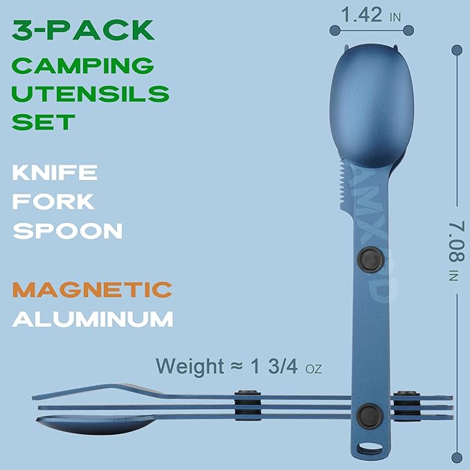 Magnetic Camping Utensils Set, Portable & Reusable Metal Travel Flatware, Camping Cutlery Set, Knife, Fork & Spoon, 3-PACK, Blue