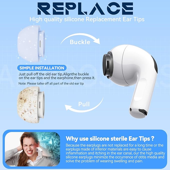 4 Pairs Replacement Ear Tips for AirPods Pro 2nd/1st Generation with Portable Storage Box & Cleaner Pen,Noise Reduction Holewith & Built-in dust Guard Screen,Silicone EarTips(Light Blue)