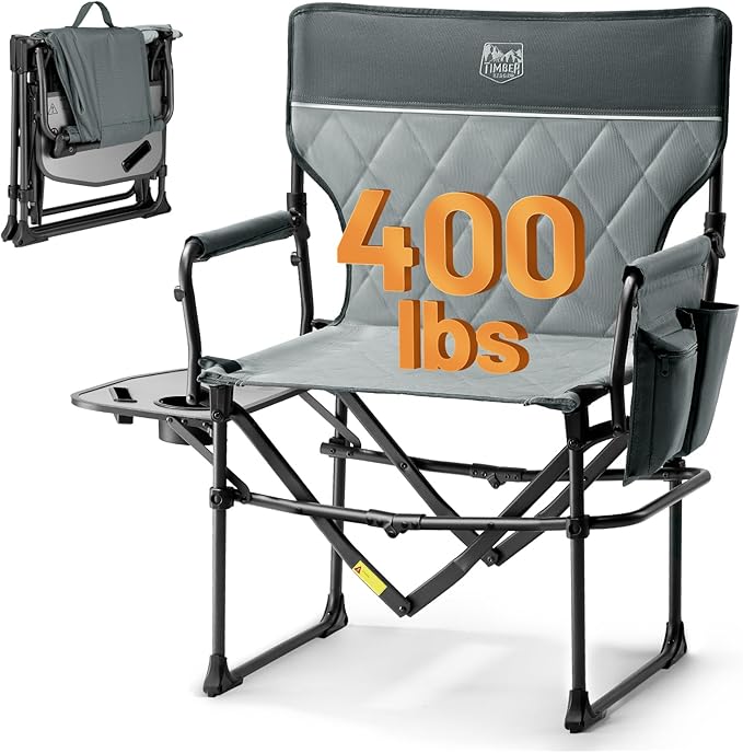 Timber Ridge Aluminum Camping Directors Chair with Side Table Pocket, Portable Folding Chair, Heavy Duty Lawn Chair for Fishing Trip Picnic Concert Outdoor 400lbs, Grey