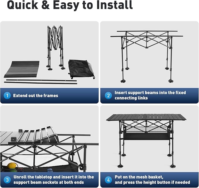 ALPHA CAMP Folding Camping Table, Portable Roll-up Table with Adjustable Height, Large Storage Bag and Carrying Bag, Tall Aluminum Table for Indoor & Outdoor Picnic BBQ Backyards Beach