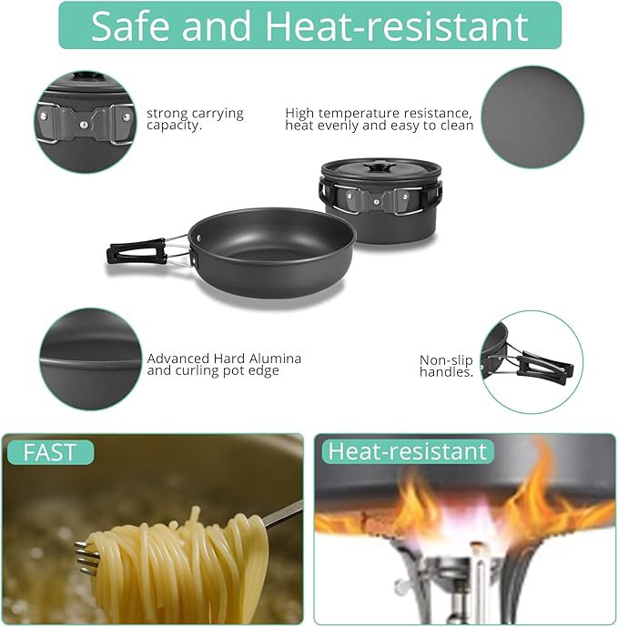 VinTeam 21pcs Camping Cookware Mess Kit with Folding Camping Stove, Lightweight Pot Pan Kettle Set with Stainless Steel Cups Plates Forks Knives Spoons for Camping Backpacking Outdoor Picnic