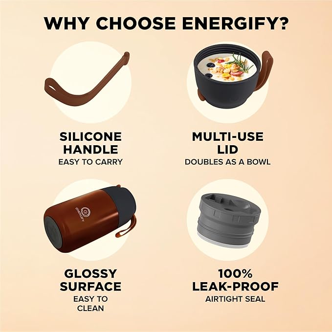 ENERGIFY Vacuum Insulated Food Jar. Large 24oz Bowl incl. Folding Spoon, Cup. Wide Mouth Keep Hot & Cold Drinks Soup Lunch Container for Adults. BPA-Free Stainless Steel, Leak Proof Red Mahogany