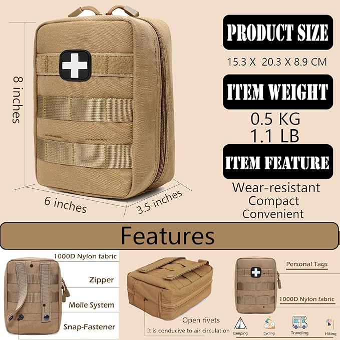 First Aid Kit EMT Medical IFAK Pouch, Molle Tactical Med Emergency Trauma Bag for Camping Home Car Hiking Hunting (Tan)
