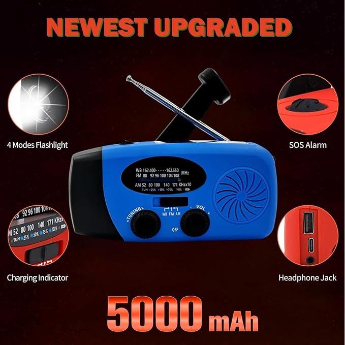 Solar Emergency Hand Crank Weather Radio, Portable Self Powered NOAA AM/FM Radios with SOS Alarm LED Flashlight 5000mAh Power Smart Phone USB Charger for Camping (5000mAh Blue)