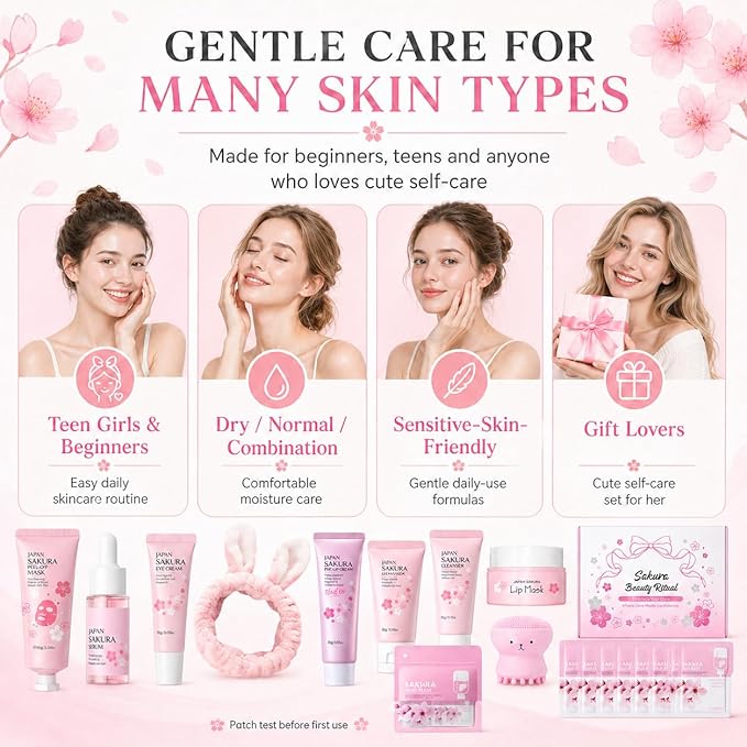 Japan Sakura Skin Care Set For Teen Girls, Skincare For Girls 10-12, Skin Care For Teens 10-12, Japanese Cherry Blossom Skin Care For Kids, Birthday & Mothers Day Gifts 30PCS