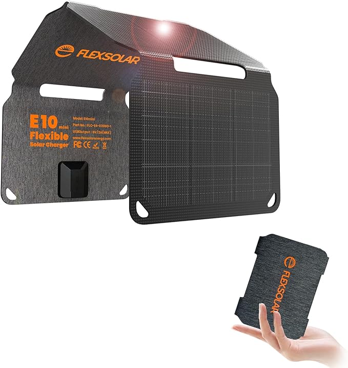 FlexSolar 10W Foldable Solar Chargers 5V USB Small Power Emergency Portable 4 Folds Panels IP67 Waterproof Camping Hiking Backpacking for Phones Flashlight Watches Small Power Banks Battery Packs