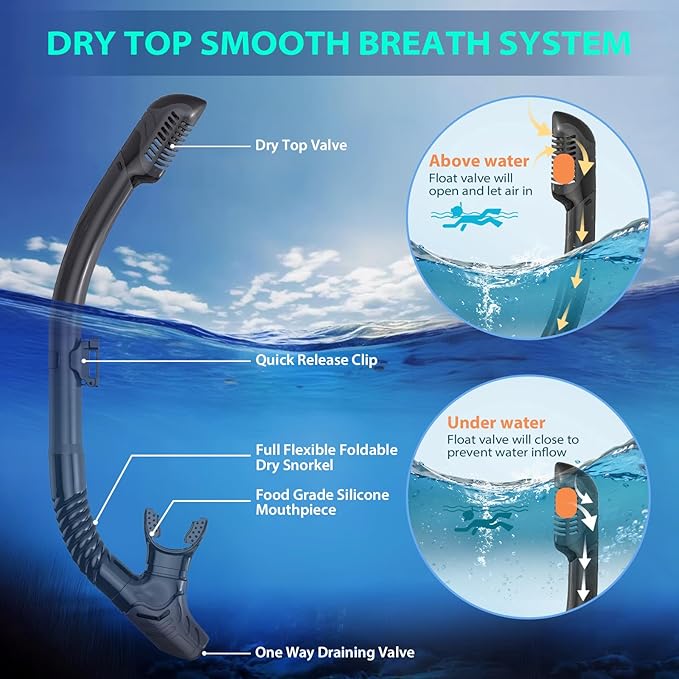 Snorkeling Gear for Adults, Mask Fin Snorkel Set, Dry Top Snorkel, Snorkeling Kit Travel Diving Package, Panoramic View Anti-Fog Anti-Leak Adjustable Swim Fins
