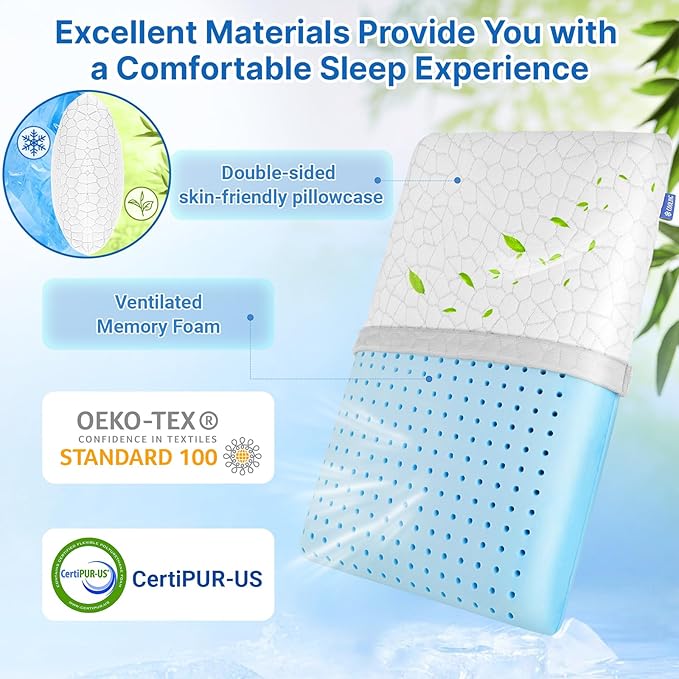 Cooling Memory Foam Pillows, Cooling Bed Pillow, Bed Pillow for Side, Back and Stomach Sleepers, Neck Pillow for Sleeping with Removable and Machine Washable Cover, Queen Size (1 Pack)