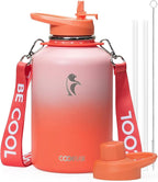 Coolflask 64 oz Water Bottle with Straw, Half Gallon Insulated Large Water Jug with Straw & Spout Lids, Double Wall Stainless Steel Metal Flask, Keep Cold 48h Hot 24h, Sunny Orange