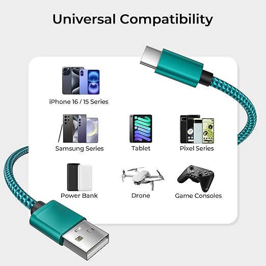 Basesailor for iPhone 17 16 Pro Max Charger Cord,USB to USB C Cable,Type C Charging Power Cord for Apple 17e 15 iPad 10 Air 4 5,Samsung Galaxy S26 S25 S24 S23,Green,2Pack 6.6FT(2M)