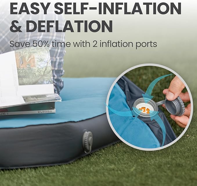 FUNDANGO 4'' Thick Self Inflating Sleeping Pad with Foam, 8.7 R Value, XL Double Mattress, Outdoor Portable Camping Air Mat for Tent, Car or Home,