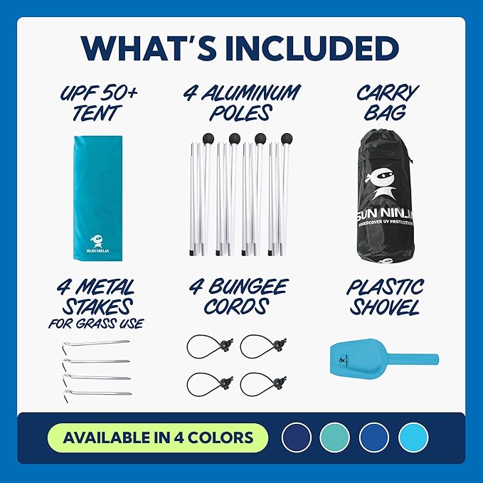 SUN NINJA Beach Tent Sun Shelter UPF50+ - Easy Pop Up Beach Canopy - Outdoor Shade for Camping Trips, Fishing, Backyard Fun Picnics - Sand Shovel, Ground Pegs & Stability Poles