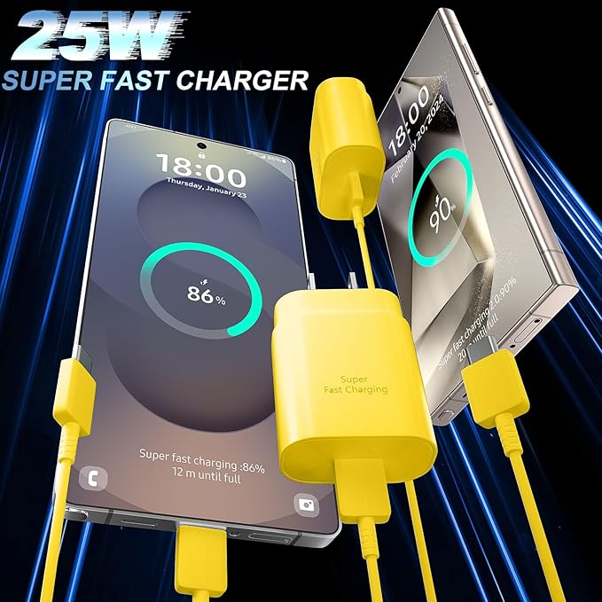 USB C Android Charger Fast Charging Cord, Super Fast Phone Chargers 6.6FT C to C Type Cable with 25W USBC Wall Block for Samsung Galaxy S26 S25 S24 Ultra Plus/S23/S22/S21/S20/Note 20/10, Yellow