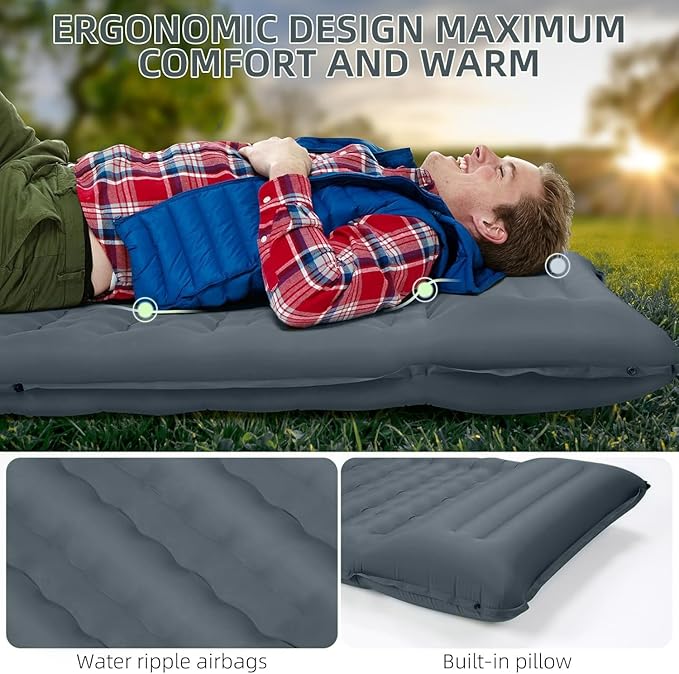 Double Sleeping Pad Camping, Self Inflating 6'' Extra-Thick 2 Person Pillow Built-in Foot Pump Waterproof Inflatable Sleeping Mat Backpacking, Tent, Hiking, Portable Camping Pad