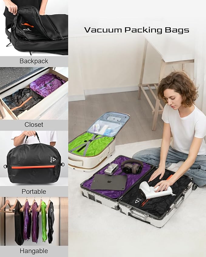 Zurligi Vacuum Compression Bags with Pump for Travel - Waterproof, Reusable, Removable Handle, Portable Travel Pack Vacuum Bag Kit for Carry On Suitcases and Backpack