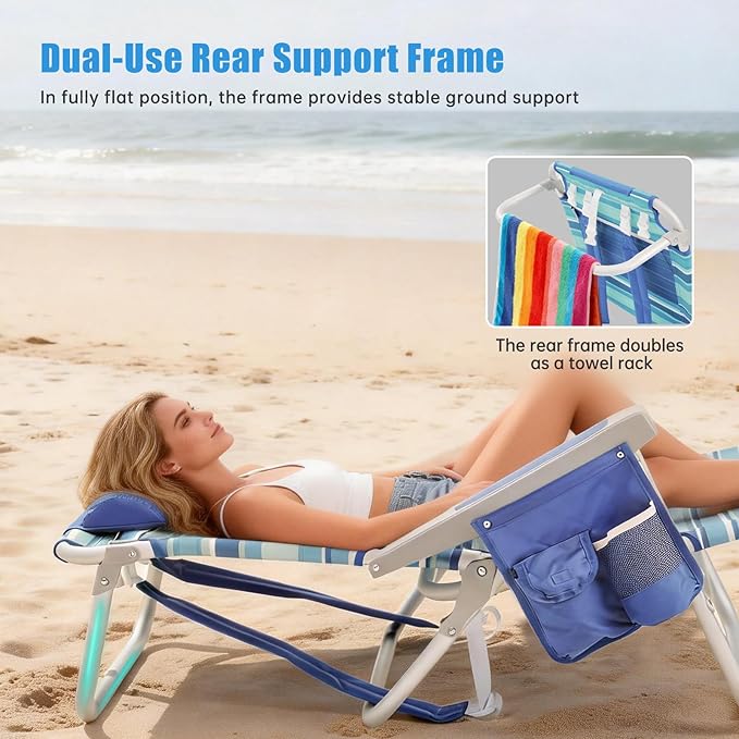 SUNNYFEEL Low Beach Chair 2 Pack, 5-Position Lay Flat Reclining, Backpack Portable Folding Chairs with Cooler Bag & Cup Holder, Heavy Duty 350 LBS, Compact for Beach, Camping, Travel