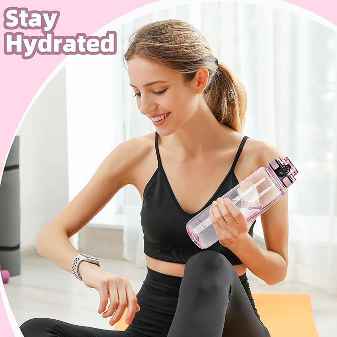OLDLEY 32 oz Water Bottle, Motivational Water Bottle with Time Marker, Sports Water Bottle With Strap, Leakproof & BPA Free Large Water Bottles for School, Gym, Travel, Tritan, Transparent Pink