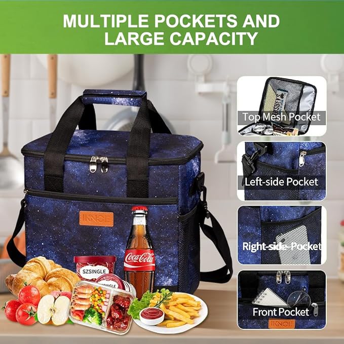 iknoe Large Cooler Bag Collapsible, 15L Insulated Bags, Leakproof Lunch Cooler Tote with Multi-Pockets for Adult, Insulated Lunch Box for Beach, Picnic,Work, Galaxy