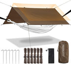 Camping Tarp Tent Portable Multifunctional Bushcraft Backpacking Tear-Resistant Fabric Rain Fly Tarps Awning Shelter Lightweight Waterproof Tarp(10×10 tarp)