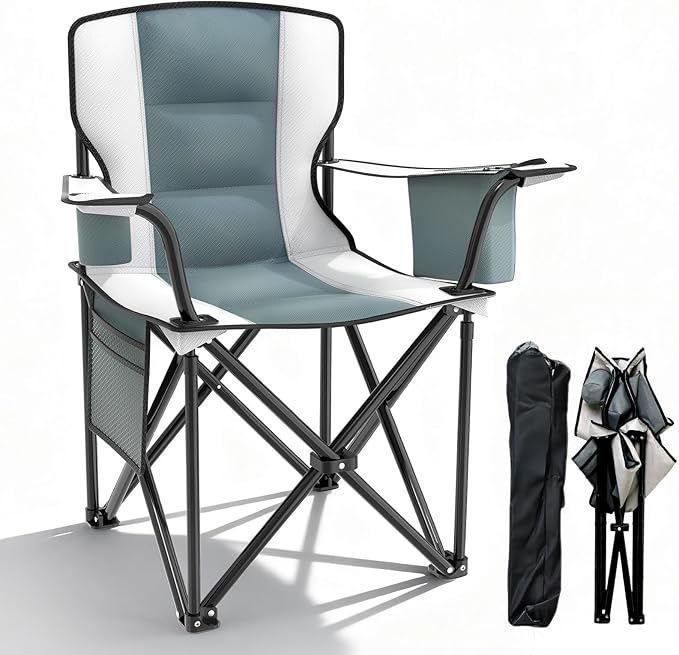 Heavy Duty Camping Chairs 600D Oxford Portable Folding Chair - Extra Wide Armrests, Cup Holder & Cooler Bag, Supports 350lbs, Ideal for Outdoor, Beach, Picnic & Sports