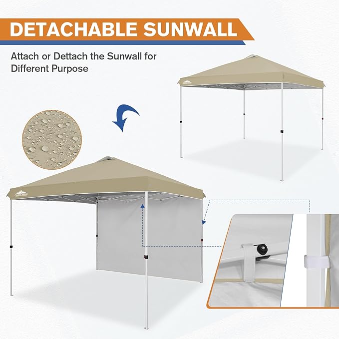 EAGLE PEAK Pop Up Canopy Tent with 1 Sidewall, Easy Setup Event Tent, Outdoor Sun Shade, Wheeled Carry Bag, Stakes and Guy Ropes, Instant Canopy 10x10, Light Beige