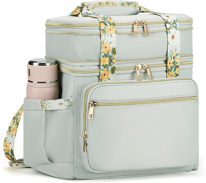 Double Deck Lunch Box for Women, Expandable Insulated Large Lunch Bag Women Leakproof Lightweight Lunch Cooler Bag Durable Lunchbox for Work Outdoor Travel, Green