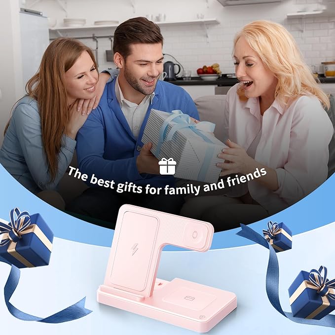 Wireless Charging Station for Apple Devices: 3 in 1 Foldable Qi Compact Case-Friendly Charger Stand for iPhone 17-12 & Apple Watch & AirPods Charging Dock for Travel Home Office Desk Nightstand (Pink)