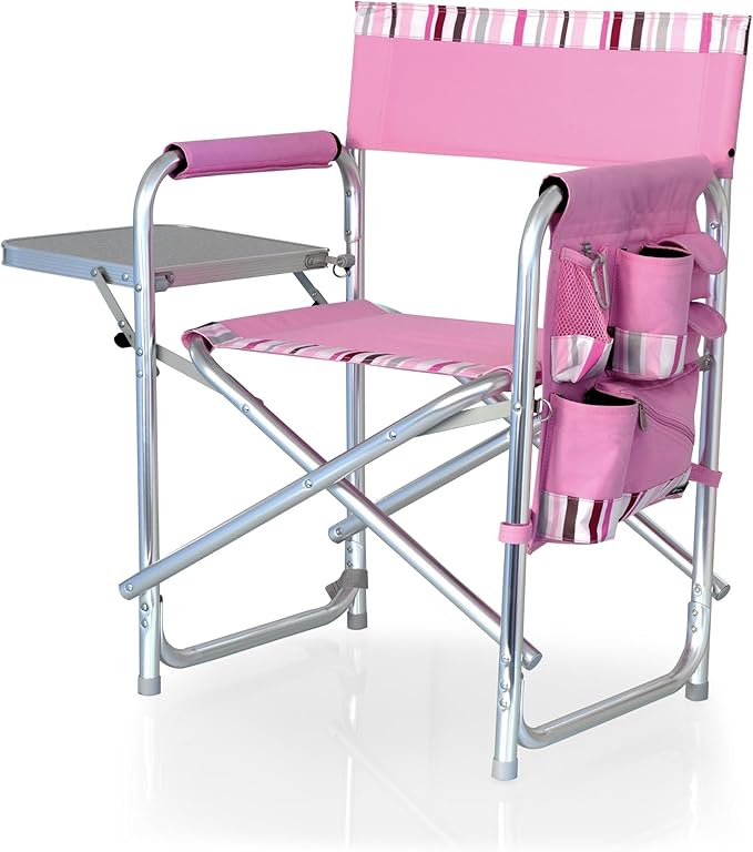 PICNIC TIME Sports Chair with Side Table, Outdoor Foldable Padded Adult Camping Chairs with Cup and Accessory Panel for Lawn, Beach, & Sports Use for Adults, 300-lbs Capacity, (Pink Stripe Accents)
