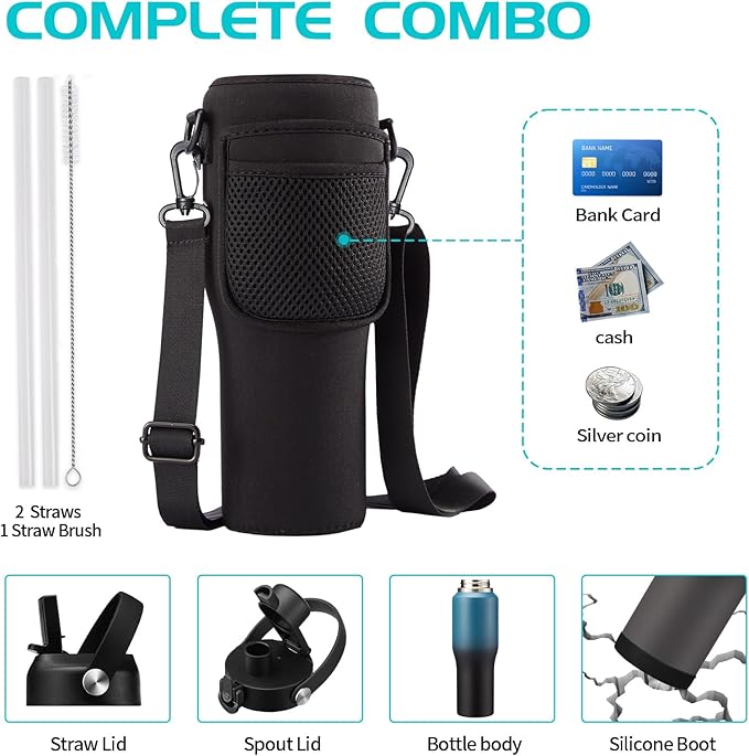 32oz Insulated Water Bottle with Straw - Spout Lid, Protective Boot, Vacuum Stainless Steel Bottles Leak-Proof, Thermo Mug Flask Fit in Car Bike Cup Holder Father's Day Gift