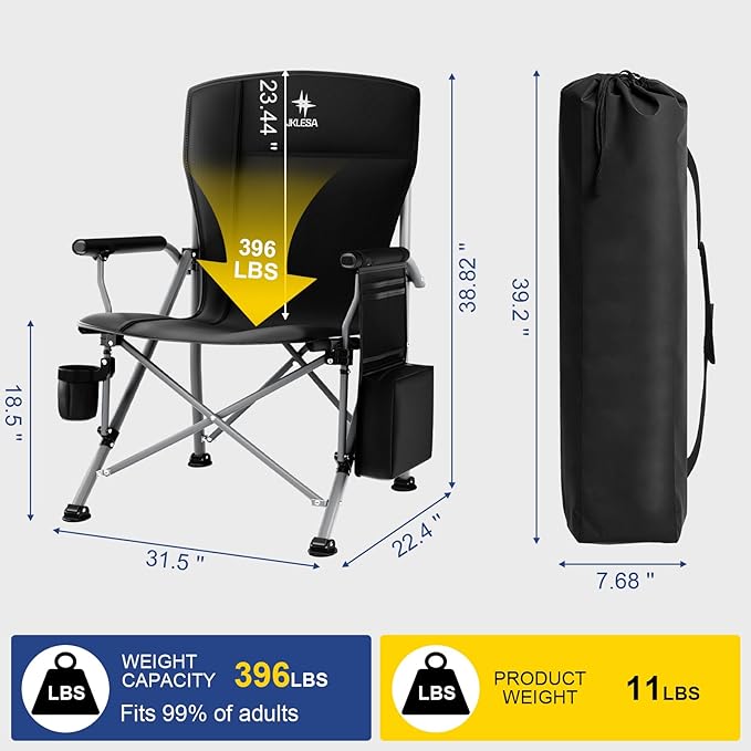 XL Heavy Duty Camping Chair 396lb Capacity (525lb Max) – Waterproof 1680D Oxford Fabric, 2" Padded Seat & Back, Cup Holder, Cooler Pocket, Portable for Camping, Beach & Tailgating (Onyx Black)