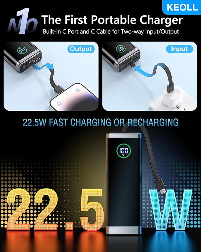 Portable Charger 40000mAh Power Bank, 22.5W Fast Charging Battery Pack with Built-in USB-C Cable, Ultra-High Capacity Portable Phone Charger Powerbank for iPhone 16 15 14 13/ Galaxy S24 S22- 1 Pack