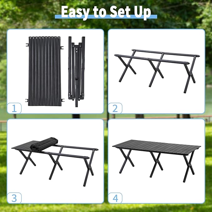 Roll-Up Camping Table Black Aluminum Low Folding Table for Outdoor Picnic BBQ Backyard Beach Easy Carrying in Bag-4FT