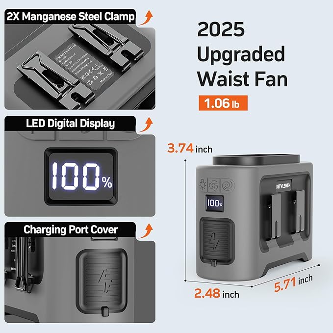 KITWLEMEN 14500mAh Portable Waist Fan - Personal Clip on Belt Fan, Dual Air Outlet, 5 Speed 35H Cooling, Rechargeable Battery Operated, Wearable with Lanyard & Light for Camping, Travel, Jobsite