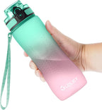 OLDLEY 25 oz Motivational Water Bottle, Sports Water Bottle with Strap, Leakproof BPA Free Large Water Bottles for School, Gym, Travel, Outdoor, Tritan, Green&Pink