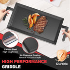 Carbon Steel Griddle Comes with Grill Press, Double Burner Griddle for Gas Stove, Electric Range, Outdoor Gas Grill, Induction, and Oven, Pre-seasoned Nitride Coating Compatible with Made in