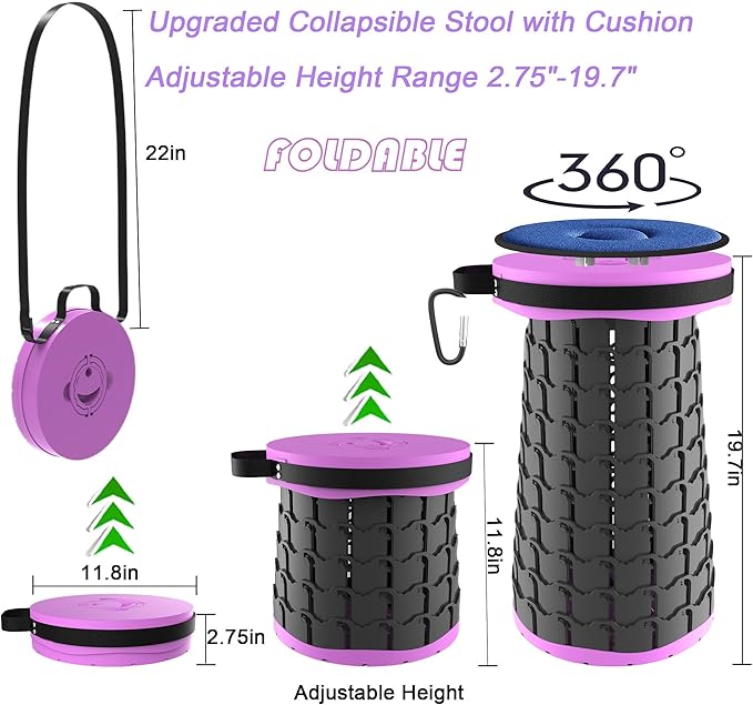 ALEVMOOM 2025 Upgraded XXL Collapsible Stool with Cushion 19.7",1000lbs Max Weight,Wider & Taller Pop Up Seat, Heavy Duty Portable Retractable Folding Chair or Travel Foot Rest for Camping & Outdoors