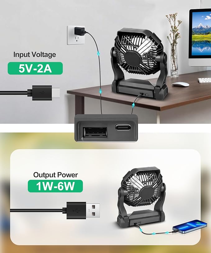 CONBOLA Solar Fans for Outside,Camping Fan, Portable Fans Rechargeable 9-Inch Battery Powered (180Hrs) LED Lantern, USB C Battery Beach Fan.