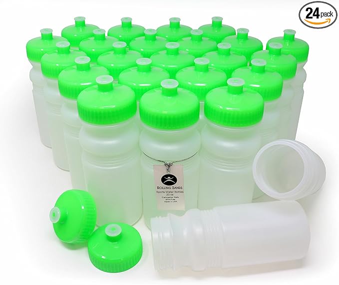 Rolling Sands USA Made 20 Ounce Sports Water Bottles - 24-Pack Bulk BPA-Free Blank Sports Bottles for Teams & Classrooms - Clear Frost Bottle/Neon Lime Green Lid, No Smell No Taste