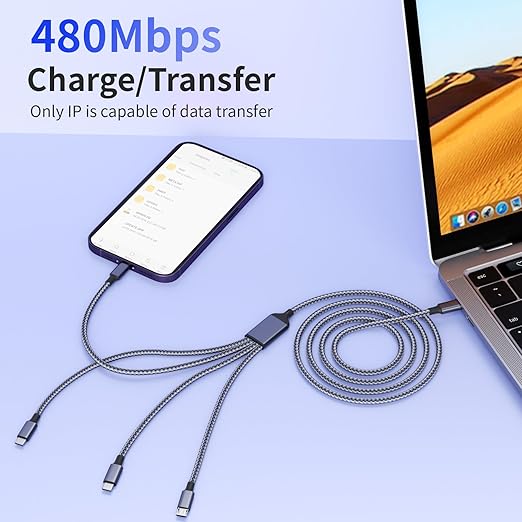 USB C Multi Charging Cable [1Pack 5FT], 4 in 1 Charging Cable Nylon Braided USB-C Multiple Charger Cord with Micro USB,IP Port and 2 Type C Adapter Port for iPhone 17/16 Series/Cell Phones and More
