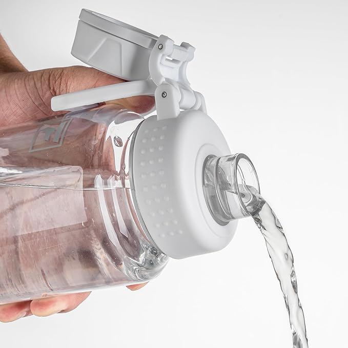 Fanhaw 32 oz Clear Water Bottle with Fast-Flow Spout Lid, BPA-Free Tritan, Wide Mouth, Leakproof, Reusable Bottle for Gym, School, Office, Travel (Clear&White)