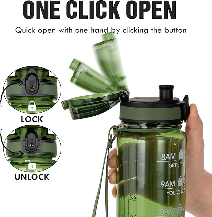 OLDLEY Water Bottle 32oz, Durable and Leakproof Water Bottles Motivational with Time Marker, Tritan, BPA Free, Wide Mouth, Gym, Travel, Home, School, Office, Olive (1 Bottle)