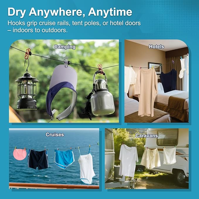 2 Pack Retractable Portable Clothesline, Windproof Clothes Line for Outdoor Camping, Travel, Laundry Drying with 12 Clips for Cruise, Hotel & Home-Sapphire Blue & Colorful