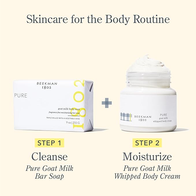 Beekman 1802 Pure 3-Piece Body Care Set – Goat Milk Skincare Gift Set with Bar Soap, Whipped Body Cream & Hydrating Hand Cream – Fragrance Free Travel Size Body Care Kit
